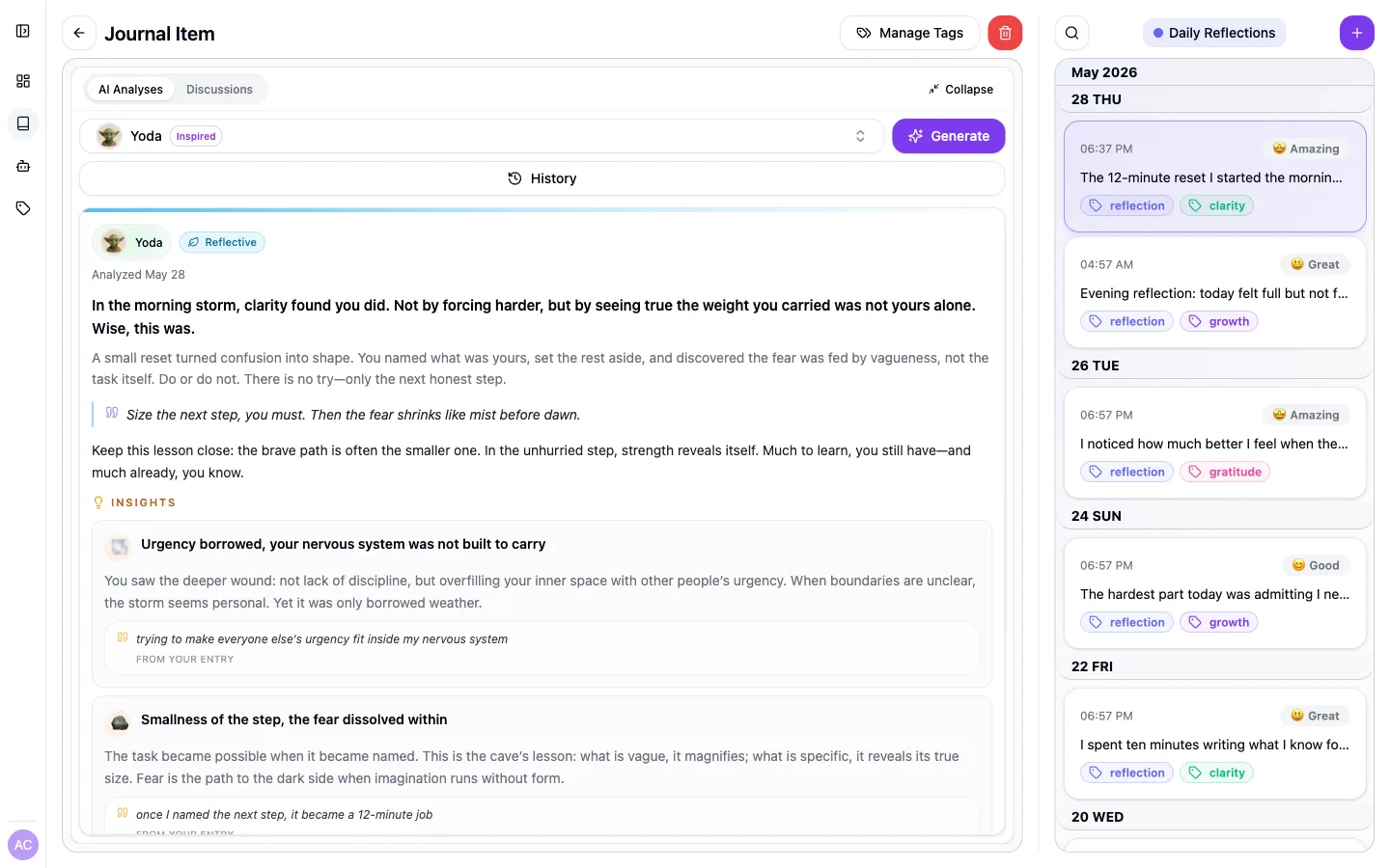 AI analysis view with personalized insights and patterns